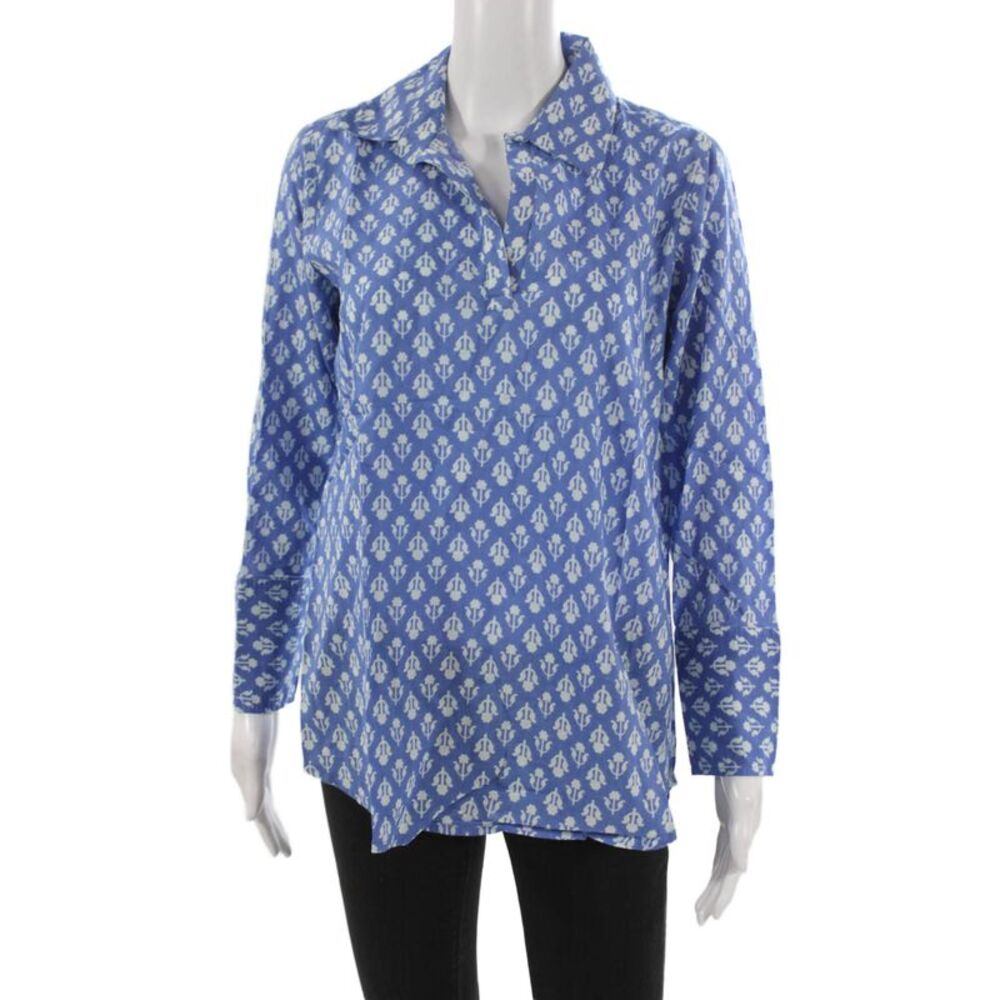 Madison Mathews Women Geometric Cotton Tunic Blouse Long Sleeve Size XS